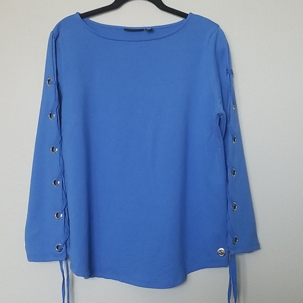 Susan Graver Casual Vibrant Blue Medium Lace Up Sleeves Sweater Top - Picture 2 of 7